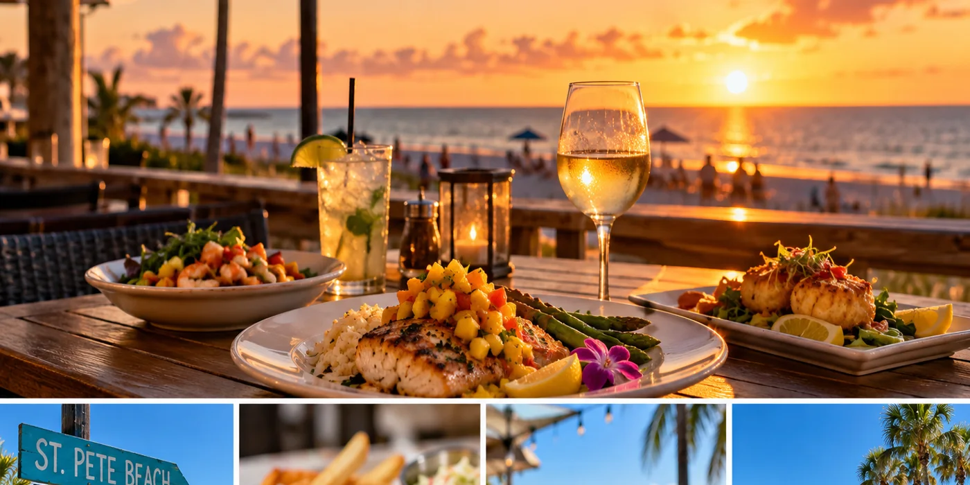 Illustration of waterfront seafood dining at sunset