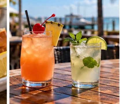 Illustrative coastal dining and food imagery, not a photograph of this restaurant