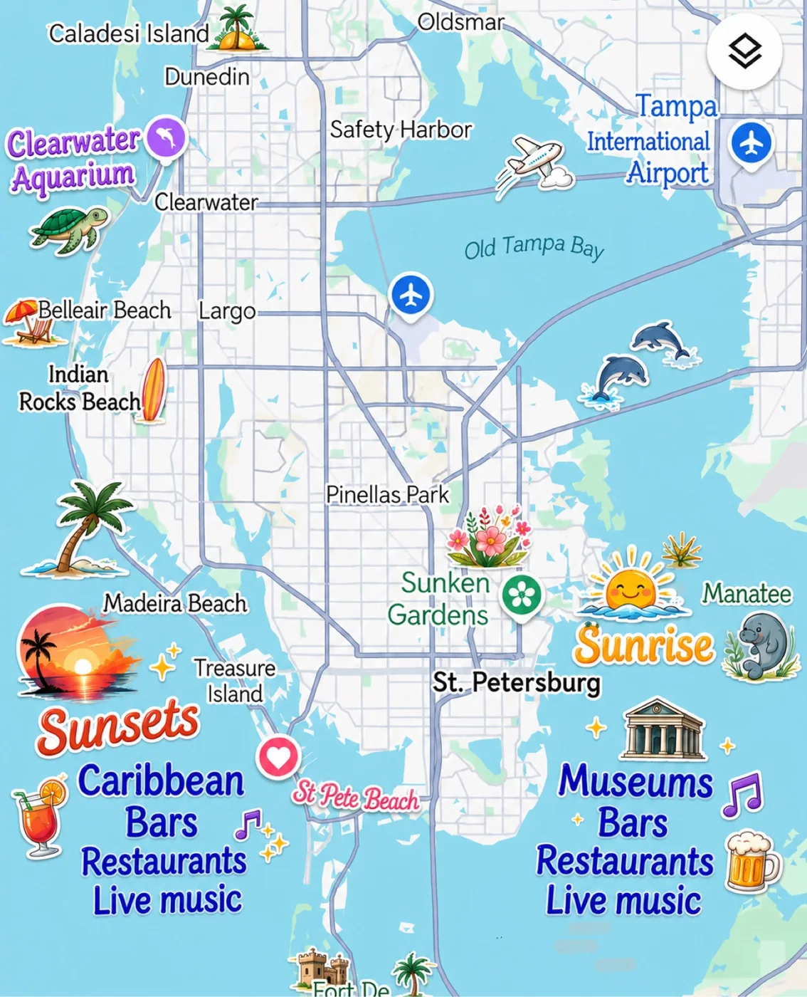Illustrated map showing St. Pete Beach and nearby Tampa Bay beach communities